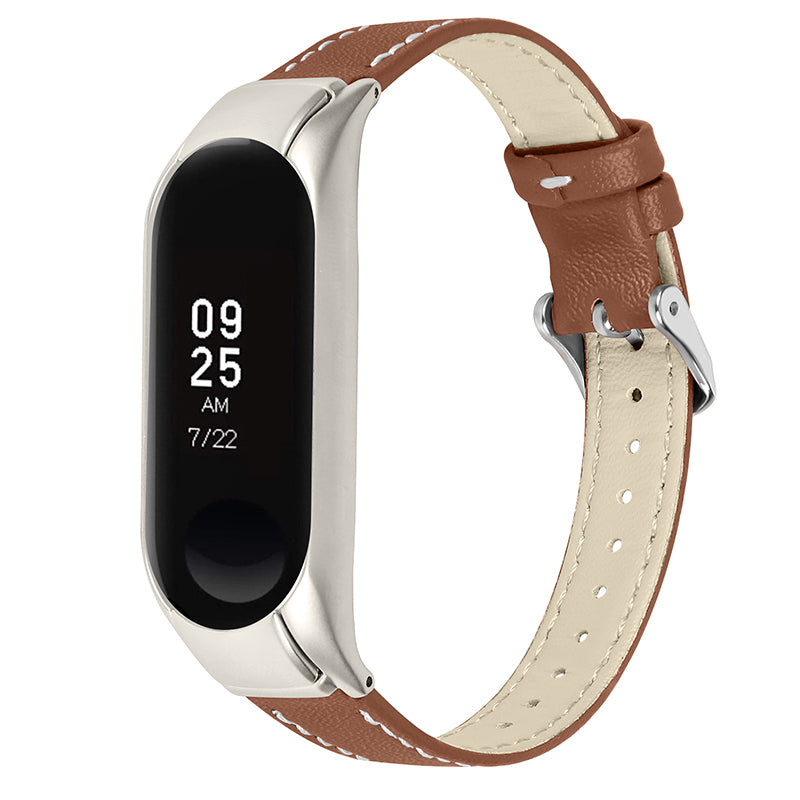 For Xiaomi Mi Band 7 Genuine Cowhide Leather Watch Band Adjustable Wrist Strap with Silver Watch Case For Xiaomi Mi Band 7 Genuine Cowhide Leather Watch Band Adjustable Wrist Strap with Silver Watch Case